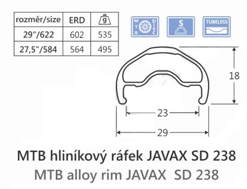 Hliníkový ráfik JAVAX SD238, 29" - 622-23, Disk, Tubeless Ready, nitovaný, čierny