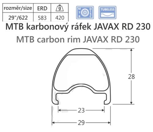 Karbónový ráfik javax RD230, 622-23, 28d