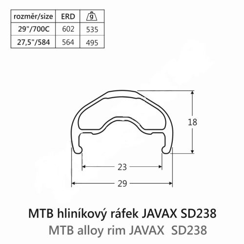 MTB hliníkový ráfik 27.5" JAVAX SD238, 584-23, Disk, nitovaný, čierny
