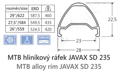 Ráfik JAVAX SD235,29"- 622-23, 28 dier, Disk, Tubeless Ready, 28d