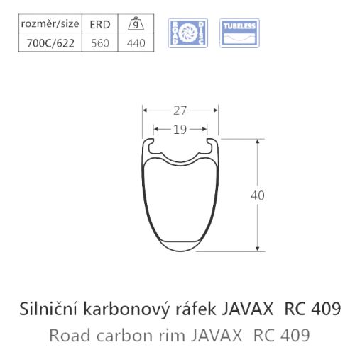 Predný Karbónový ráfik javax RC409, plášť, Disk, 24d - 4,5 °
